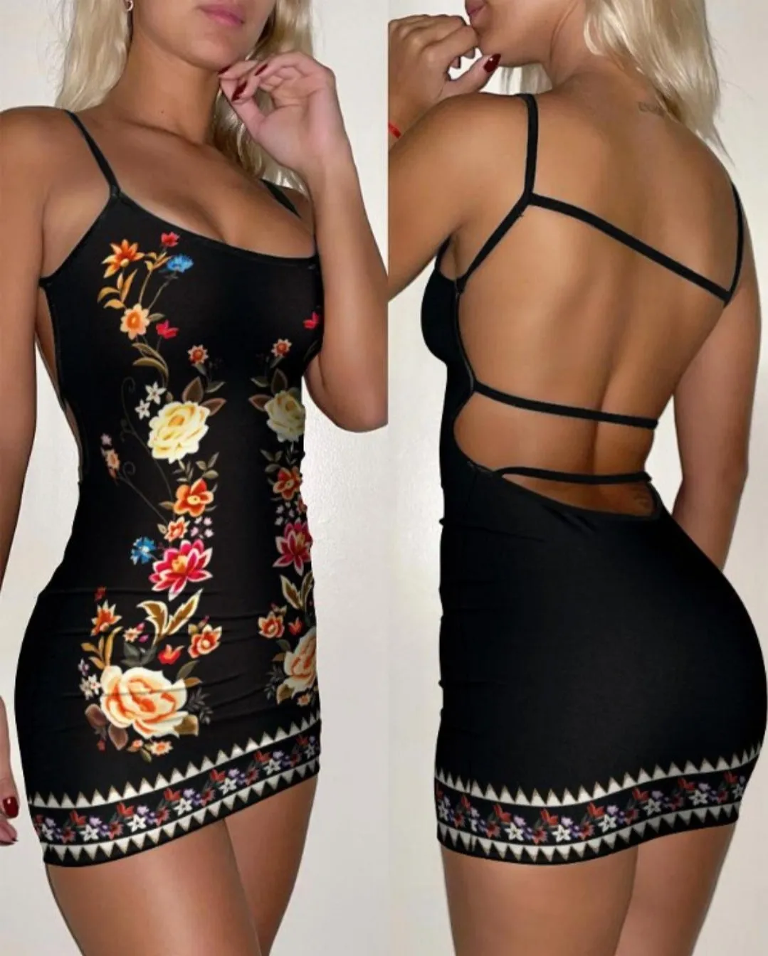 Robe de soirée moulante dos nu à imprimé floral