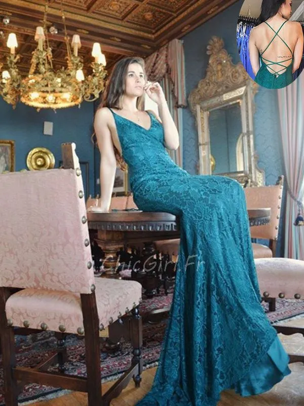 Robe De Soirée Sirène Dos Nu Bleu Canard Dentelle Col V