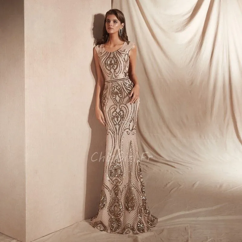 Robe De Soirée Sirène Longue Rose Gold Brodée Paillette Brillante Col Rond