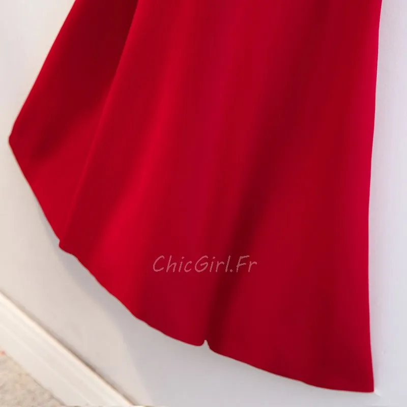 Robe De Soirée Sirène Manche Longue Rouge Satin Col Montant