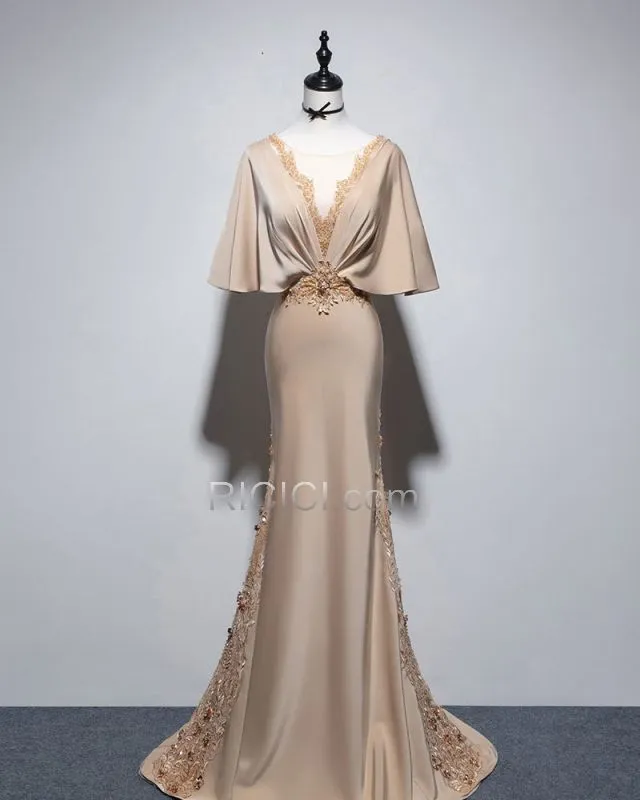Robe De Soirée Sirène Robe Gala Manche Cloche Dos Nu Satin Élégant Appliques