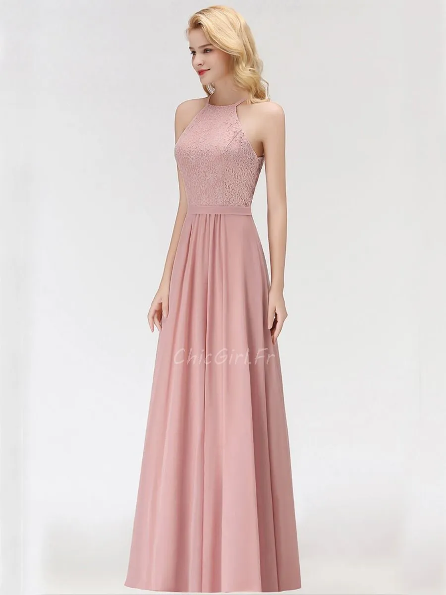 Robe Demoiselle D Honneur Soirée Elegante Longue Vieux Rose Mousseline Dentelle