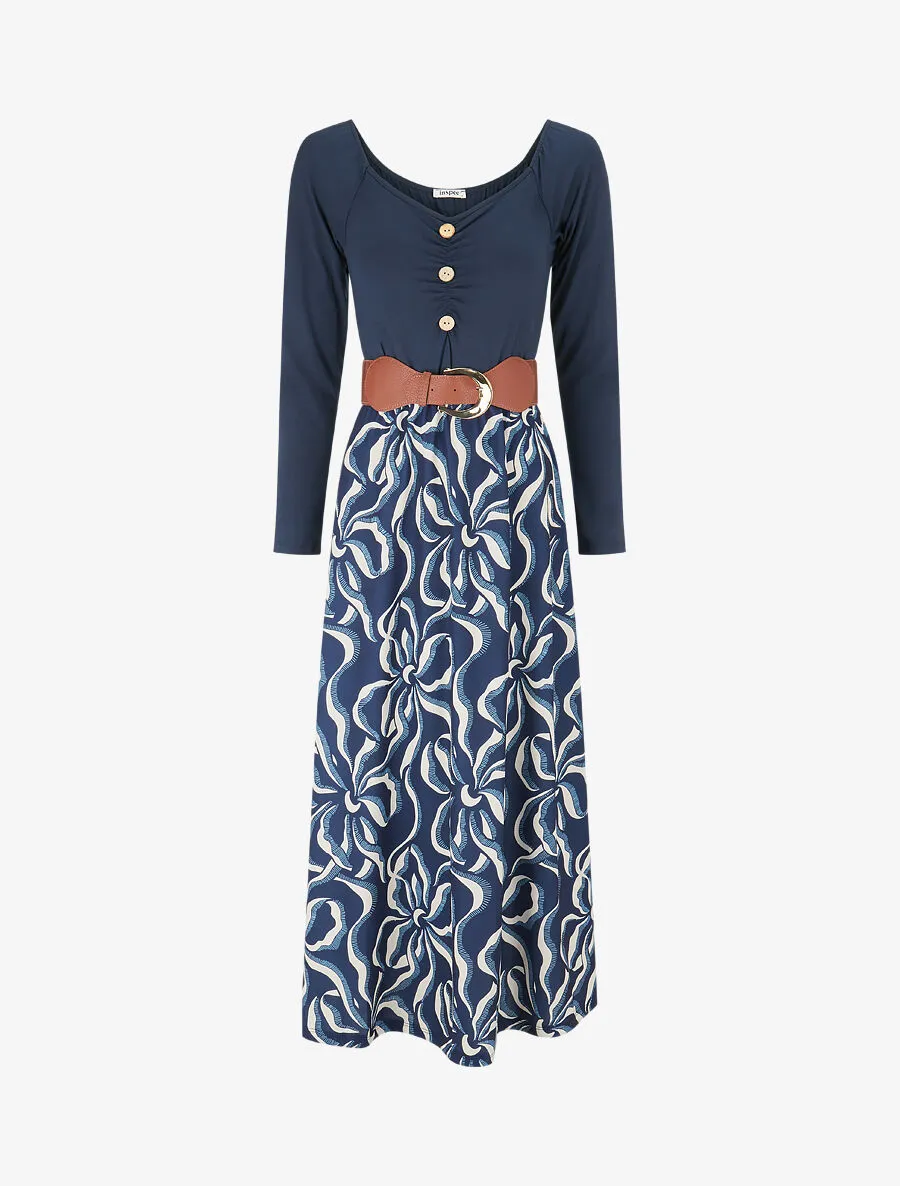Robe évasée à jupe imprimée - Marine