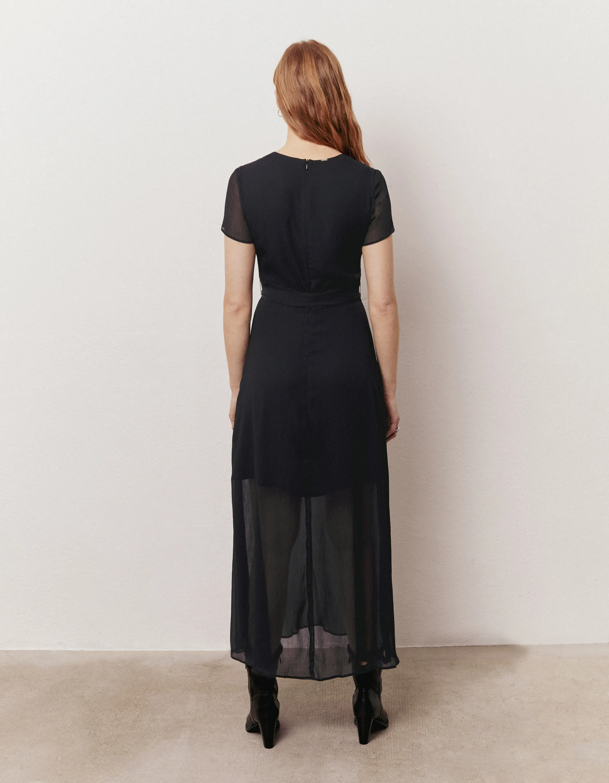 Robe longue bleu marine en voile créponné recyclé femme