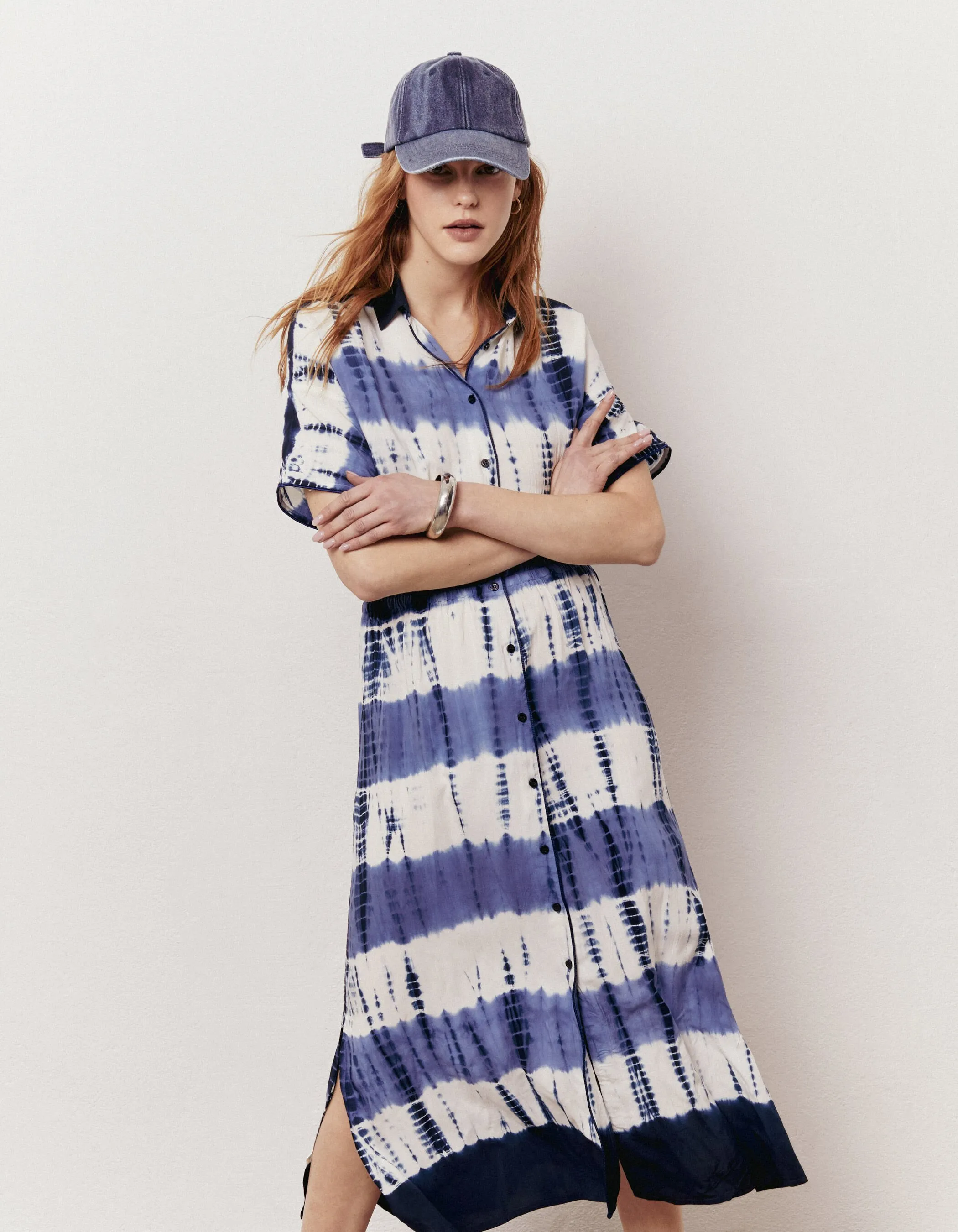 Robe longue boutonnée devant tie & dye bleu et blanc femme