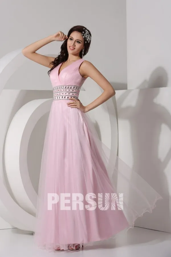 Robe longue rose soirée décolleté en V Empire ornée de strass
