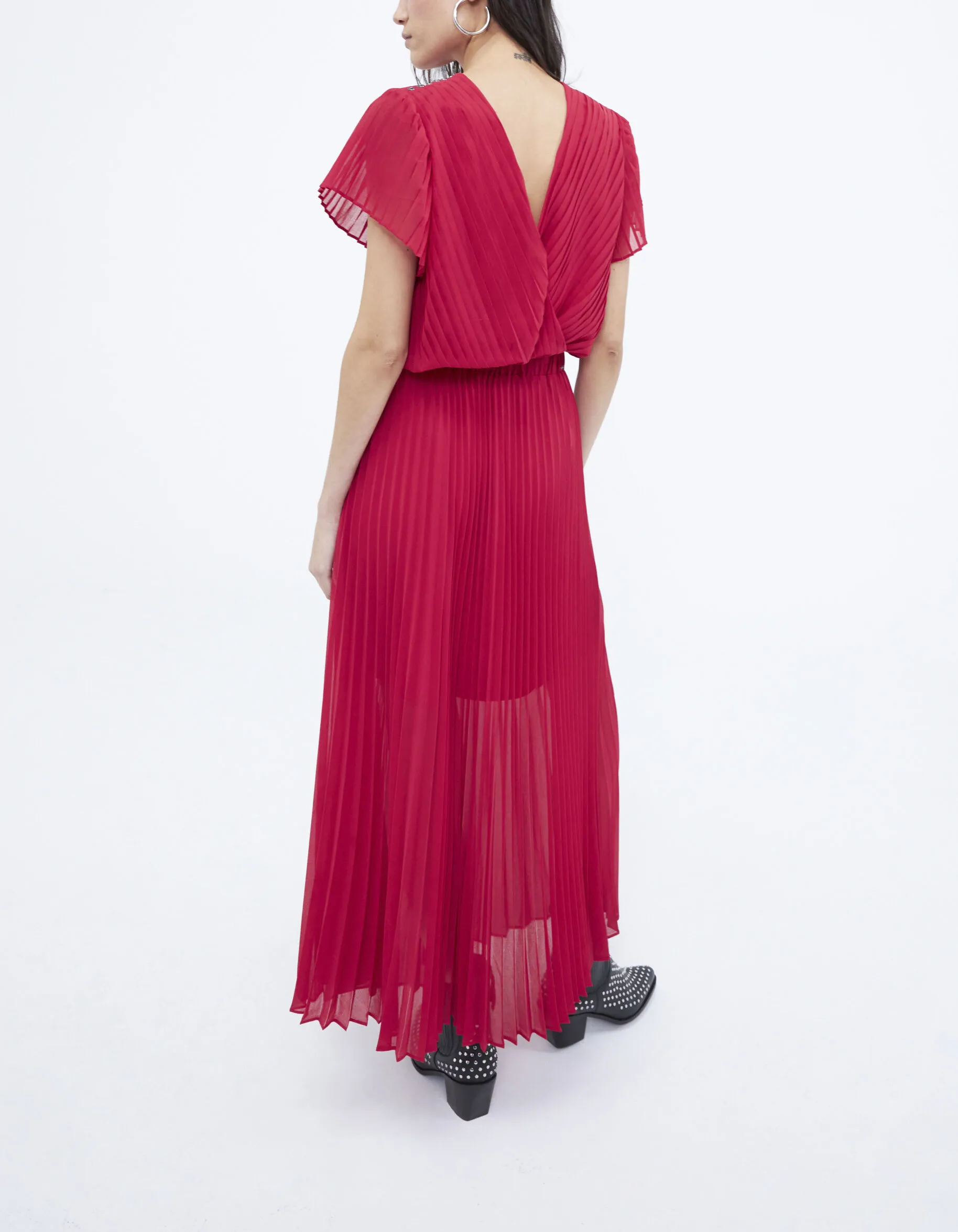 Robe longue rouge cache-cœur entièrement plissée femme