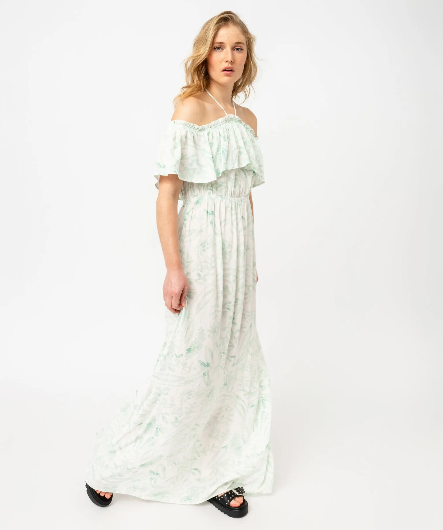 Robe longue à col Bardot et tour de cou femme vert