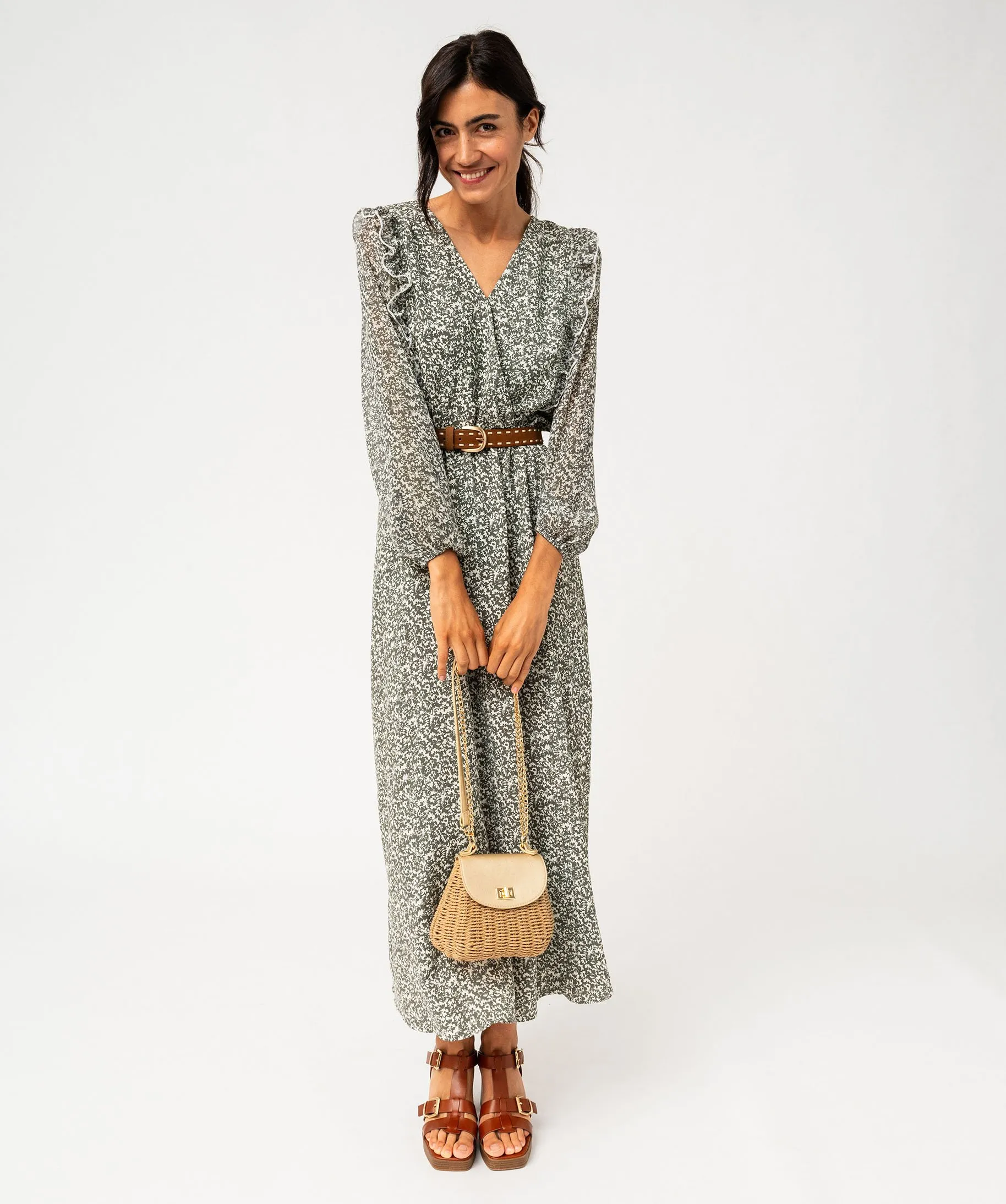 Robe longue à manches longues imprimé fleuri femme gris
