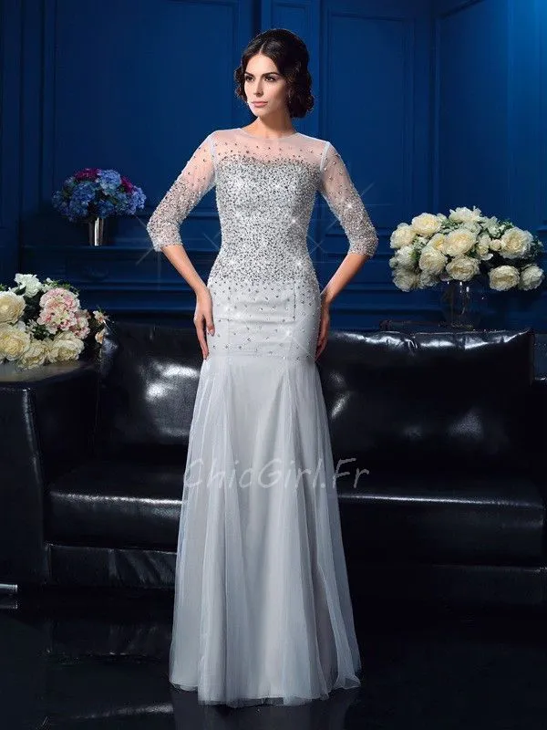 Robe Mere Mariee Soirée Cintrée Argentée Perle Brillante Manche 3 4
