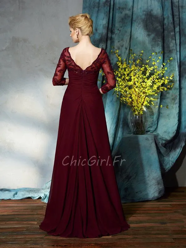 Robe Mere Mariee Soirée Classique Longue Bordeaux Mousseline Dentelle Manche 3 4