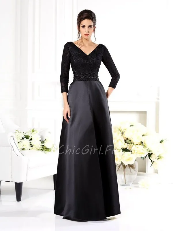 Robe Mere Mariee Soirée Glamour Noire Satin Dentelle Manche Longue Col V
