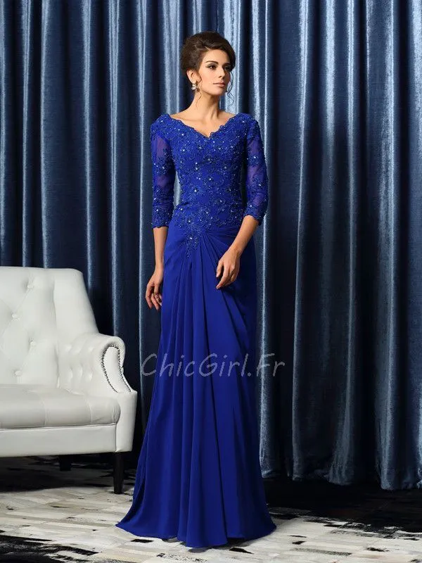 Robe Mere Mariee Soirée Longue Bleu Roi Mousseline Dentelle Perle Manche 3 4