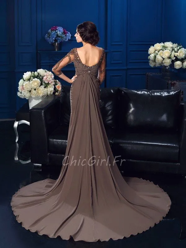 Robe Mere Mariee Soirée Sirène Marron Mousseline Strass Manche 3 4 Avec Traine
