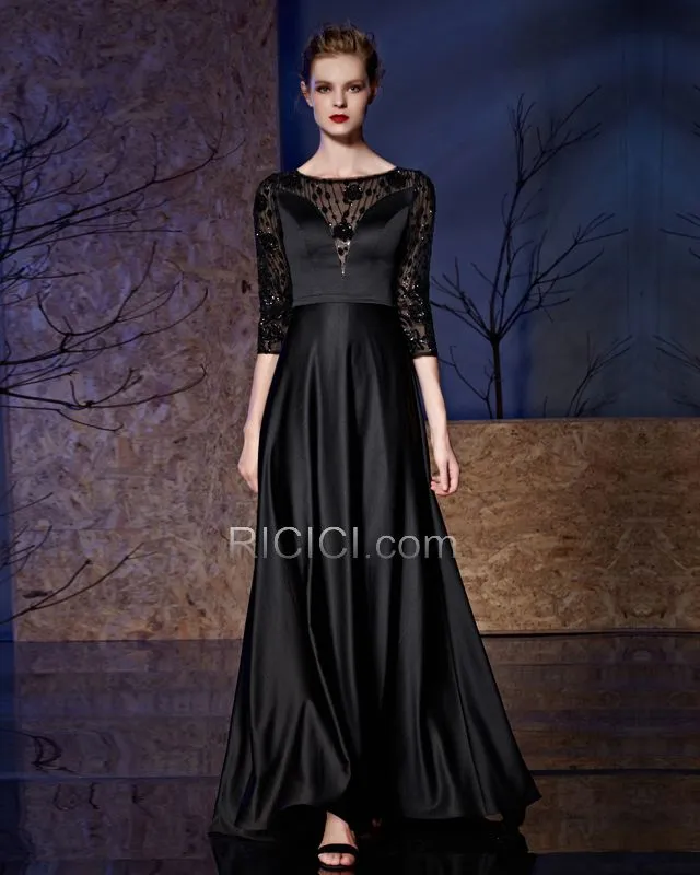Robe Soirée Longue Belle Demi Manche Col Bateau Princesse Appliques Dentelle