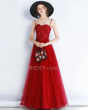 Rouge Robe Soirée Brillante Robe De Bal Princesse Encolure Coeur Chic Dos Nu Sans Manches Longue
