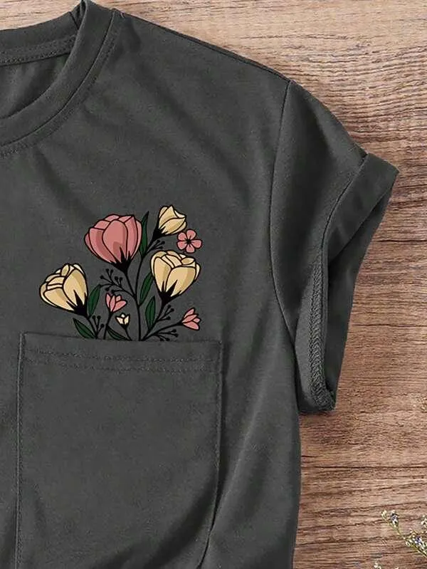 SHEIN LUNE T-shirt Imprimé Floral Avec Poche