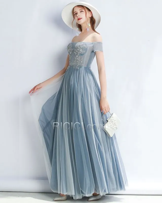 Simple Robe Longue De Soirée Empire Bleu Clair Dos Nu Tulle Epaule Dénudée