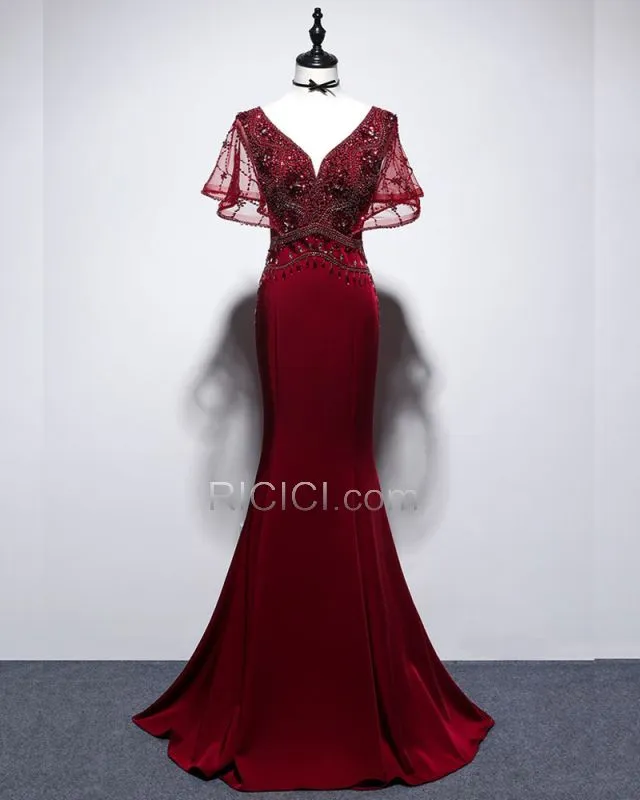 Sirène Perlage Robe Fiancaille Longue Bordeaux Décolleté Scintillante Élégant Robe De Ceremonie Robe Soirée