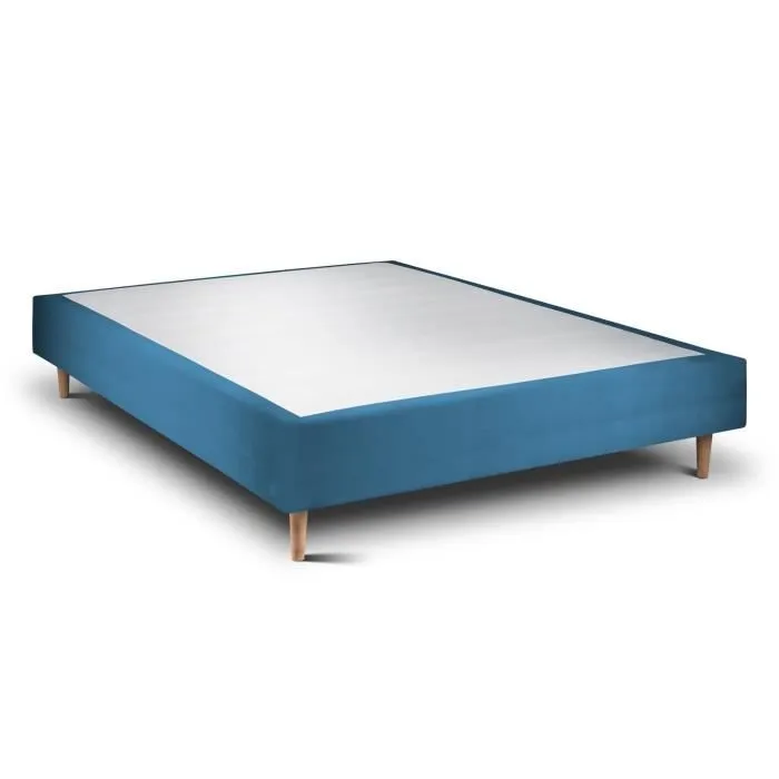 Sommier Tapissier Velours Bleu - Sommeil de plomb - 140x200 - Pieds bois cones 15 cm - Multi 12 lattes