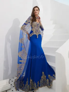 Superbe Robe De Soirée Sirène Manche Longue Bleu Roi Et Doré Avec Cape Dentelle