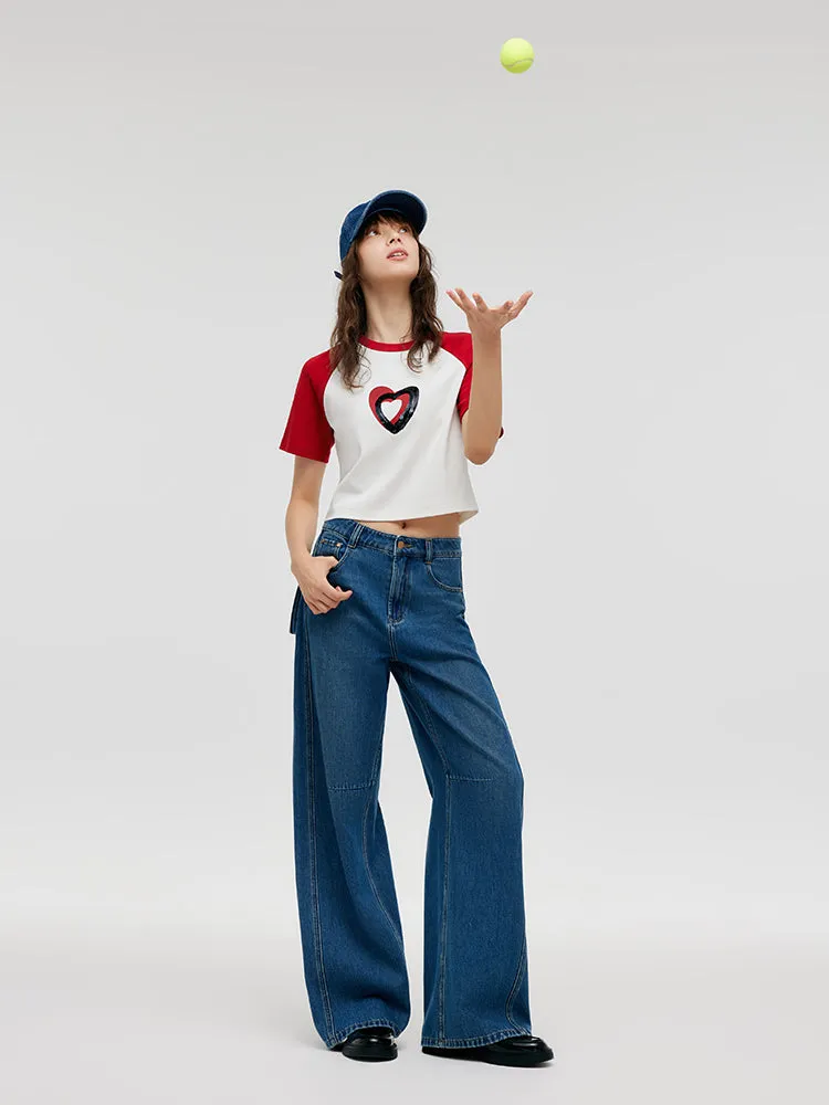 T-shirt court à manches raglan et paillettes imprimées cœur pour femme