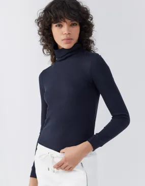 Tee-shirt col montant manches longues bleu marine femme