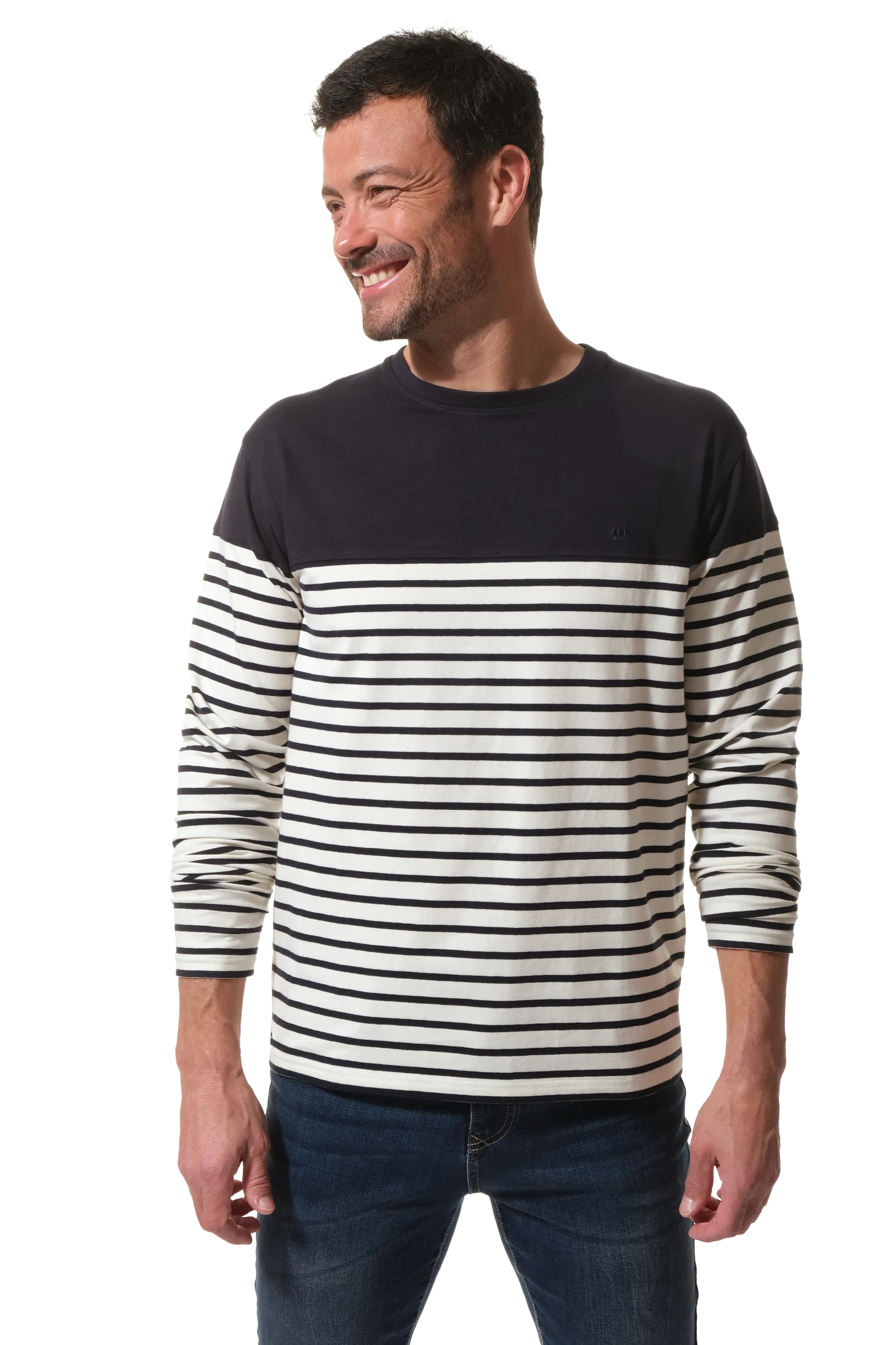 Tee-shirt homme marin en coton manches longues col rond et block color DURINO
