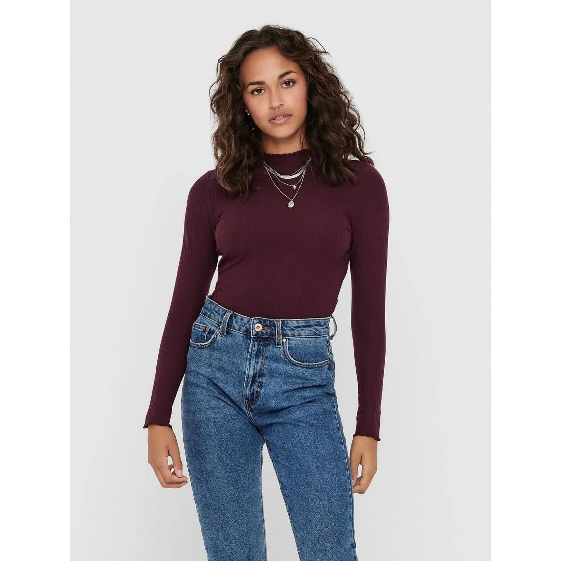 Top Col haut Manches longues Volants marron violet | 3 Suisses